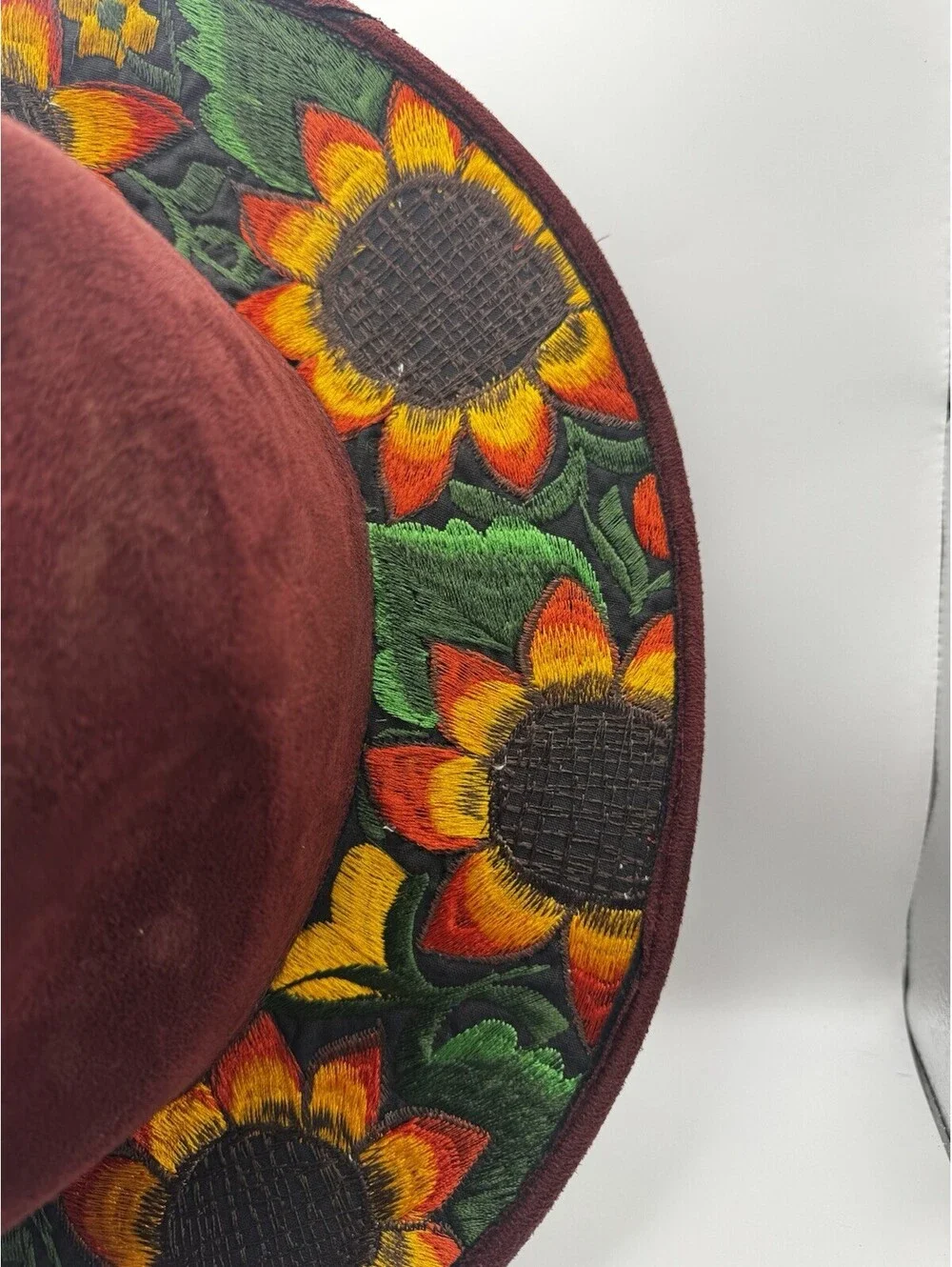 Mexican Artisanal Hand Embroidered Sunflower Fedora Hat Suede Boho Medium